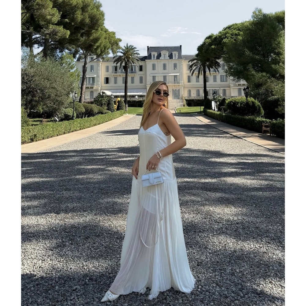 Commense Semi-Sheer  Maxi Dress White Flowy Pleated‎ Party Wedding Guest Gown XS